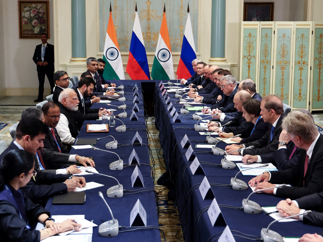 The Indian and Russian delegations, led by Prime Minister Narendra Modi and President Vladimir Putin, meet on the sidelines of the Shanghai Cooperation Organisation summit. Photo: Reuters