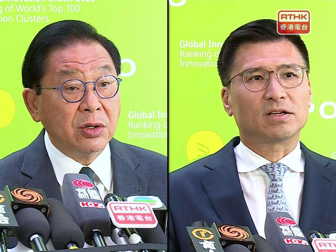 林健鋒（左）認為，有關排名為香港招商引資帶來很大幫助。邱達根（右）說，對於有關排名感到驚喜，同時認為有地方可以改進。（張連登攝）