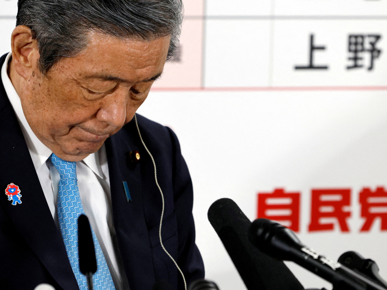 Ruling Liberal Democratic Party secretary general Hiroshi Moriyama has his head bowed on the day of the upper house elections in July. File photo: Reuters