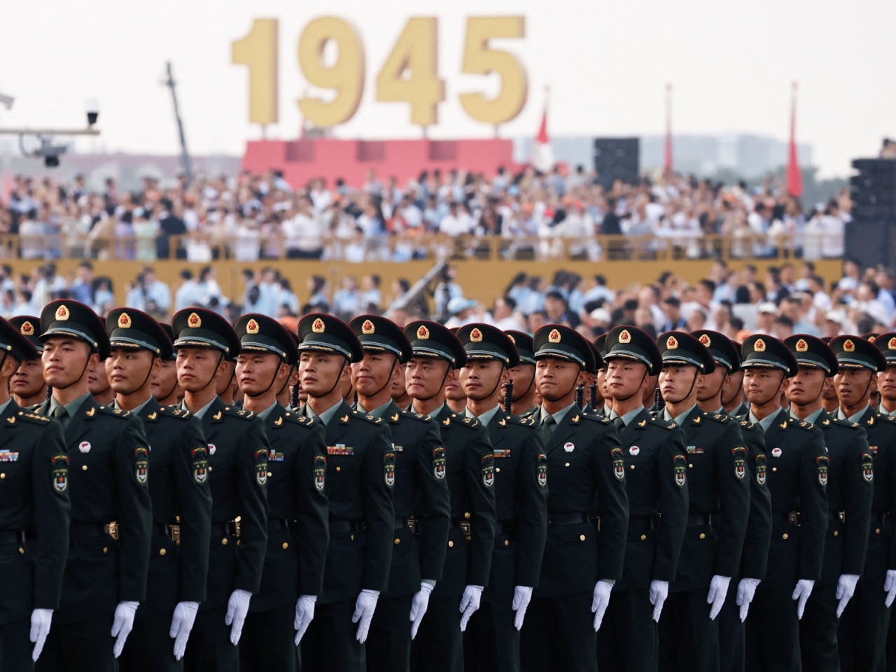 Soldiers of the Chinese People's Liberation Army (PLA) stand during the rehearsal ahead of a military parade to mark the 80th anniversary of China's V-day. Photo: Reuters