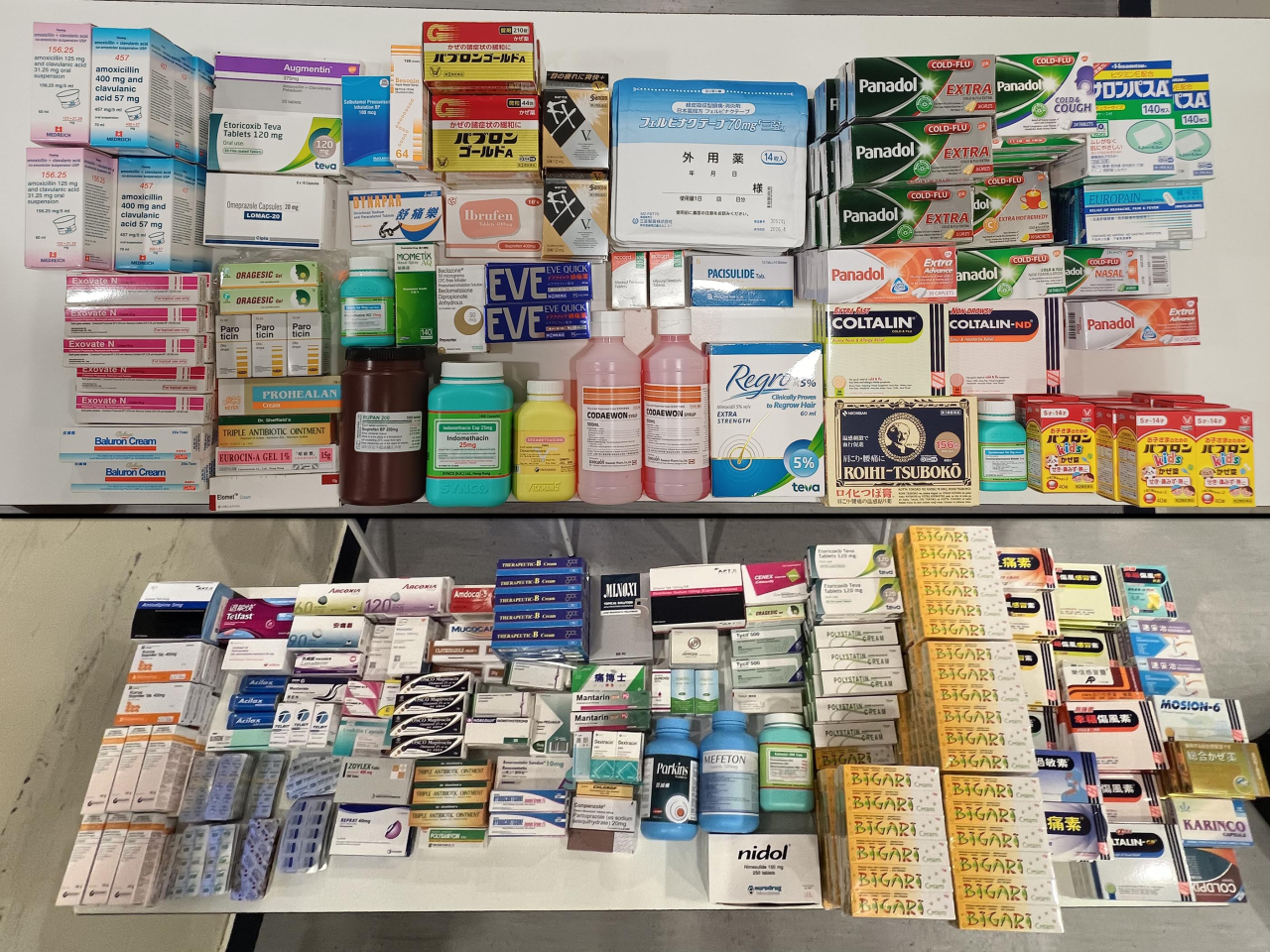 衞生署打擊非持牌的藥物零售店鋪違法售賣受管制藥物，檢獲一批受管制藥物，兩人被捕。（政府新聞處）