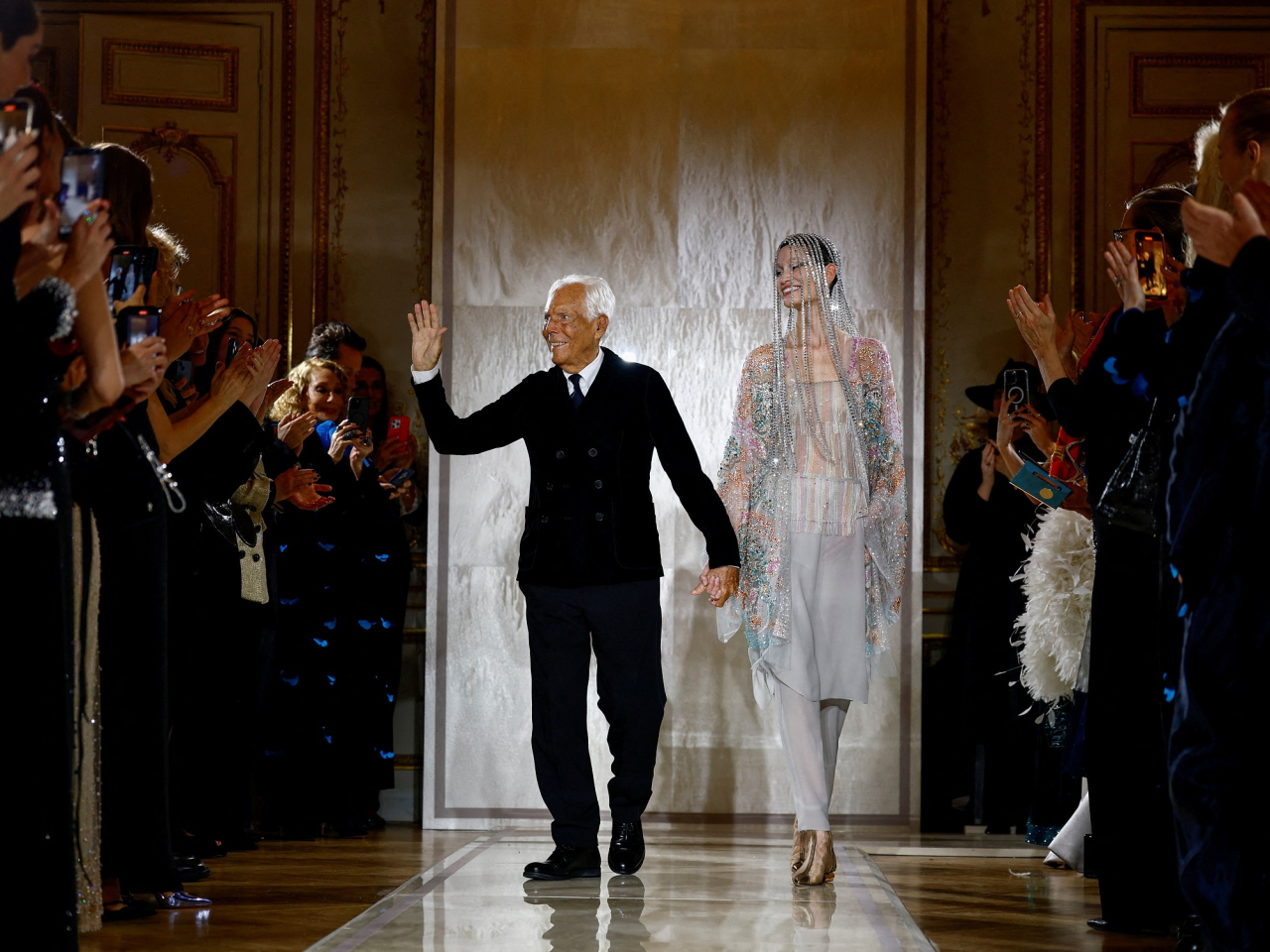 Giorgio Armani appears at the end of his Haute Couture Spring/Summer 2025 collection show for Giorgio Armani Prive in Paris in January this year. File photo: Reuters