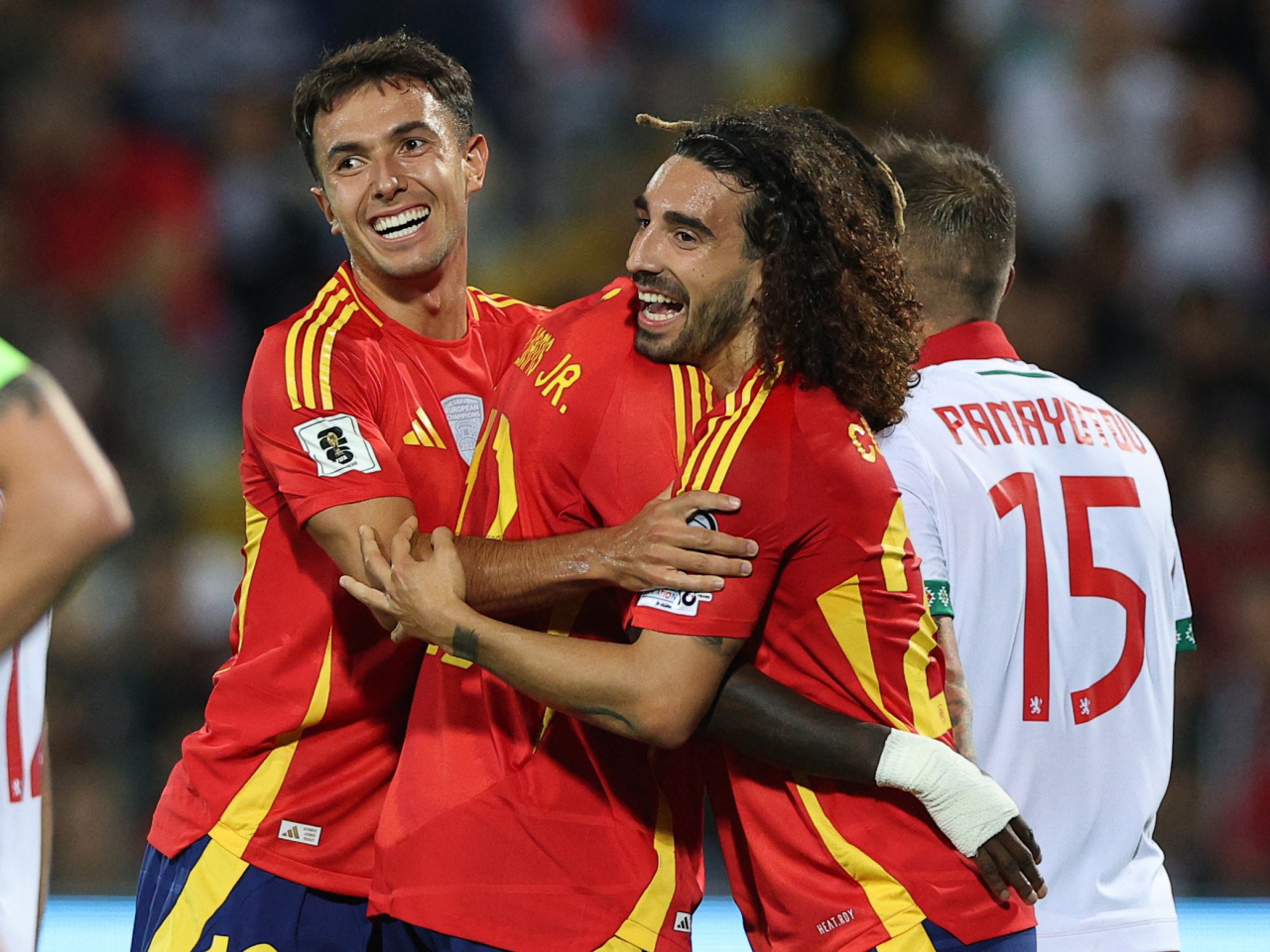Chelsea's Marc Cucurella, right, was among the goalscorers for Spain in their win over Bulgaria. Photo: Reuters