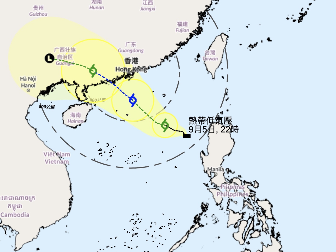 天文台預料，該熱帶氣旋會與香港保持約500公里或以上的距離。（天文台網頁截圖）