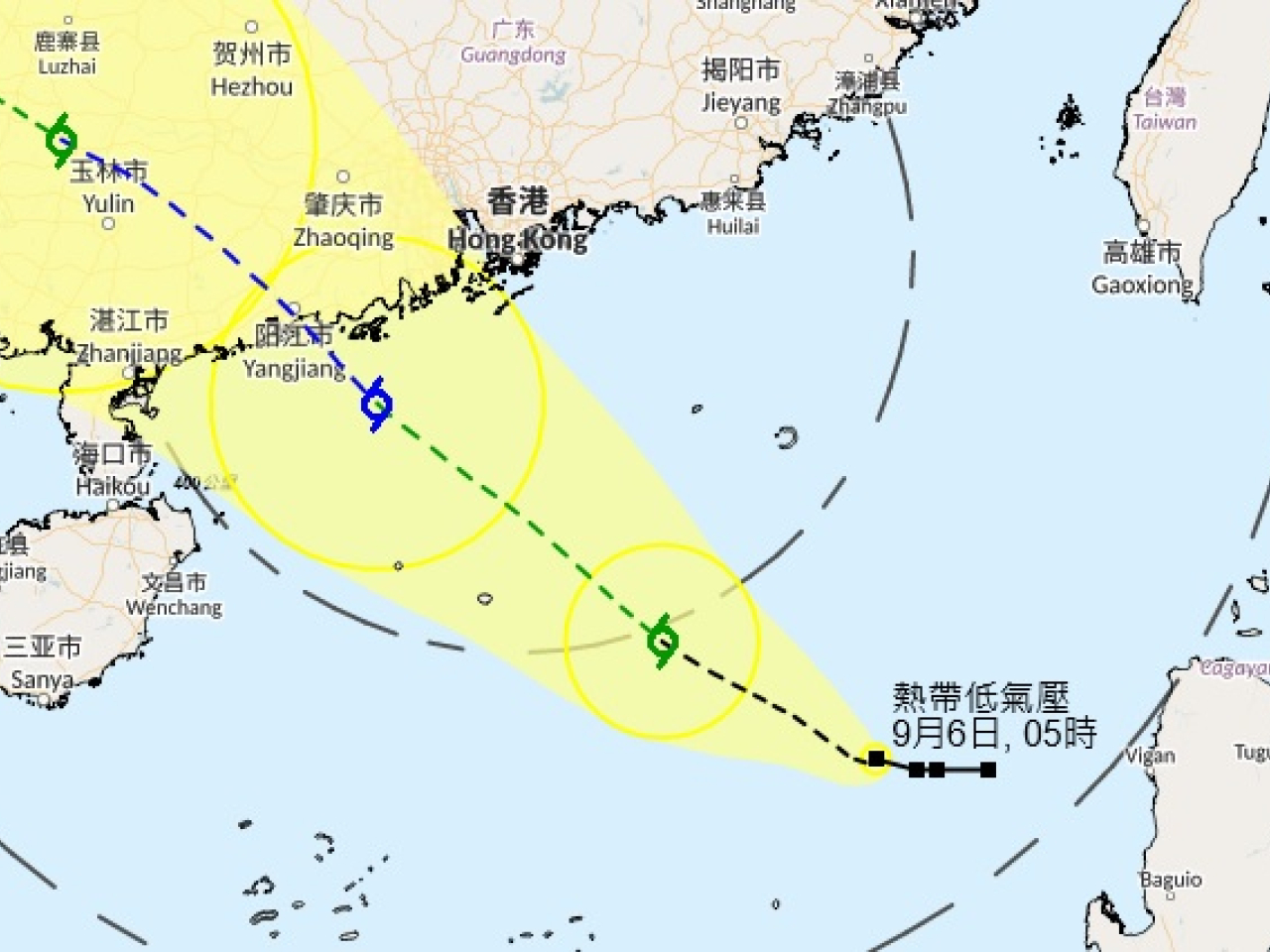 天文台表示，按照現時預測，熱帶低氣壓會逐步增強，並靠近廣東沿岸。（天文台網站截圖）