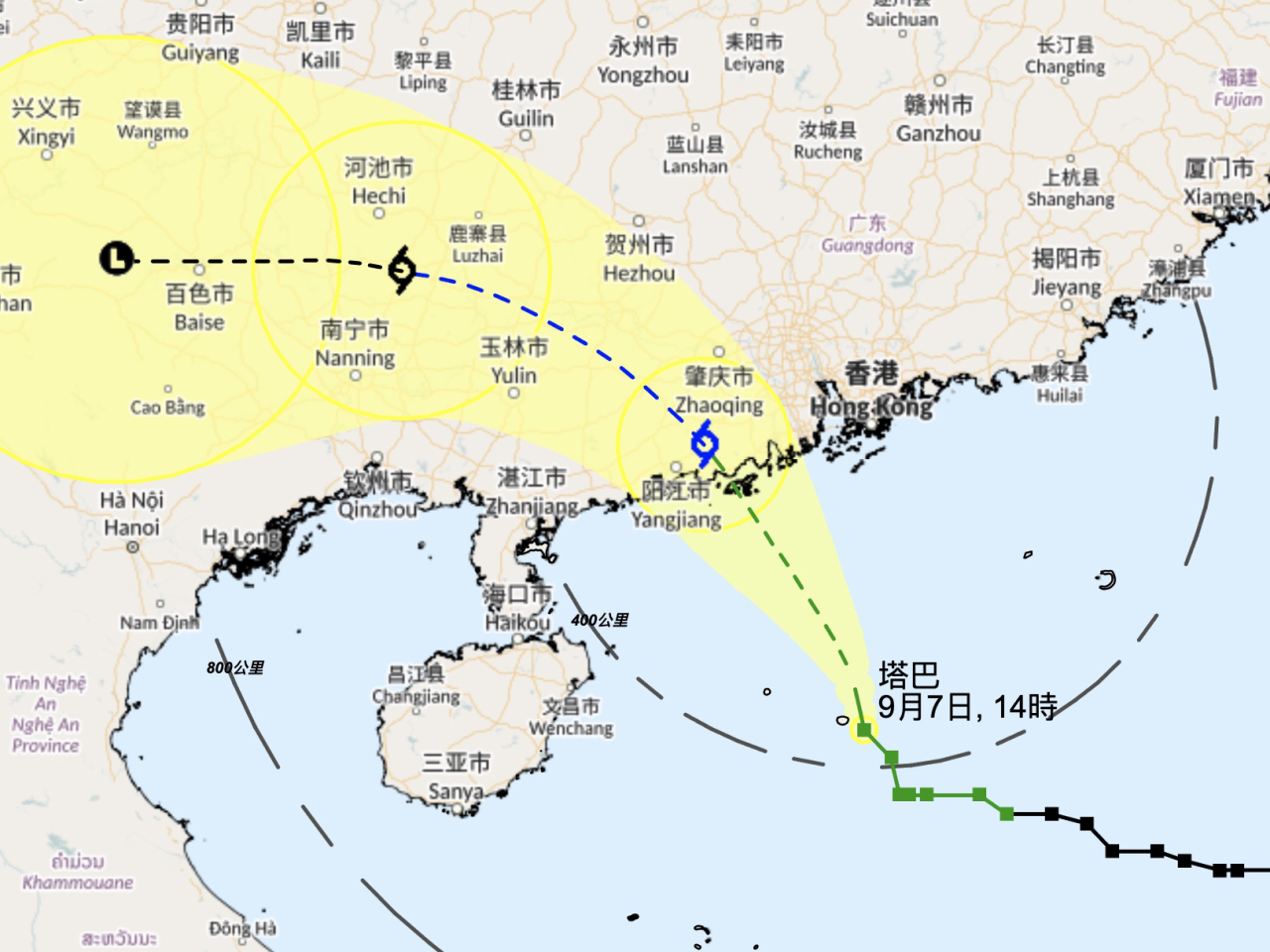 天文台稱，按照現時預測，塔巴明早會於香港西南面200公里內掠過。（天文台網頁截圖）