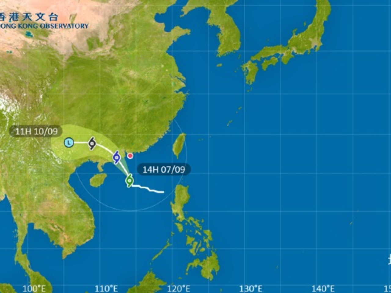 The forecaster said the storm will skirt within 200 kilometres southwest of Hong Kong on Monday morning. Image courtesy of the Hong Kong Observatory