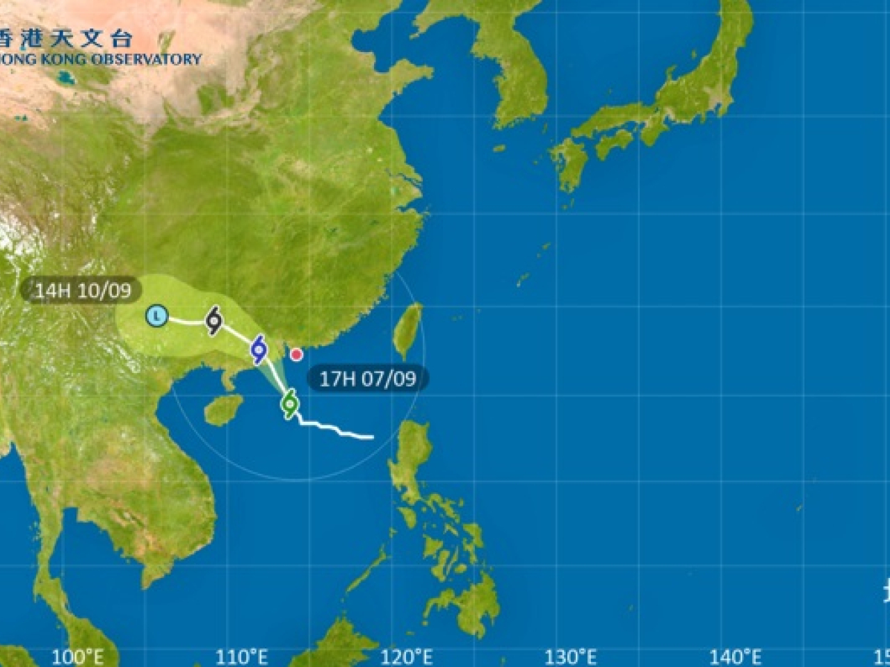 The forecaster said the No.8 signal will remain in force until at least 11am on Monday. Image courtesy of the Observatory