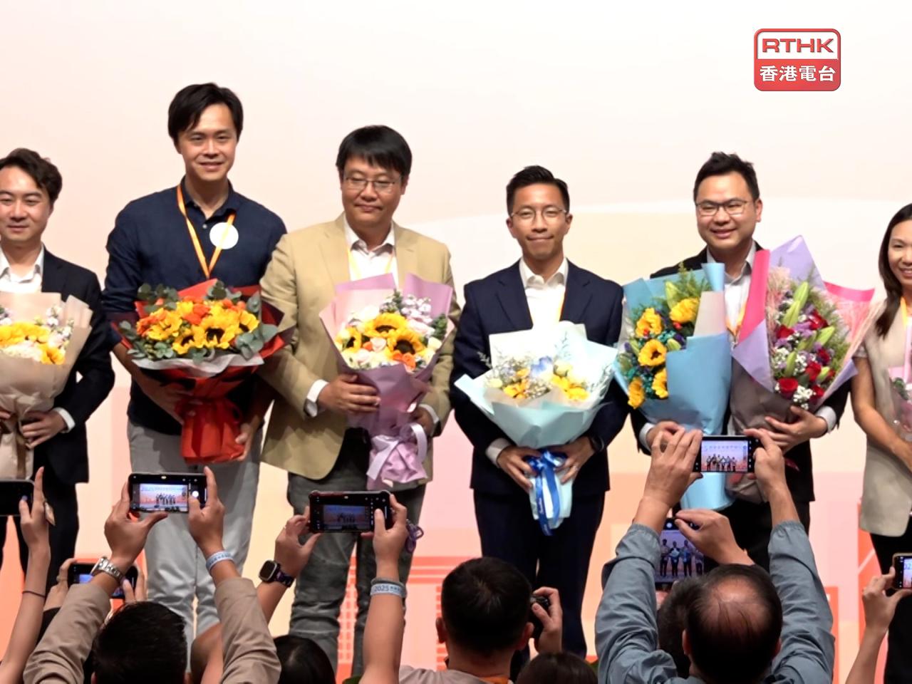 「新界三會界別代表」6名當選人分別是劉展鵬、廖子聰、侯漢碩、曾勁聰、王槐裕、黃寳儀。（林紹鋒攝）