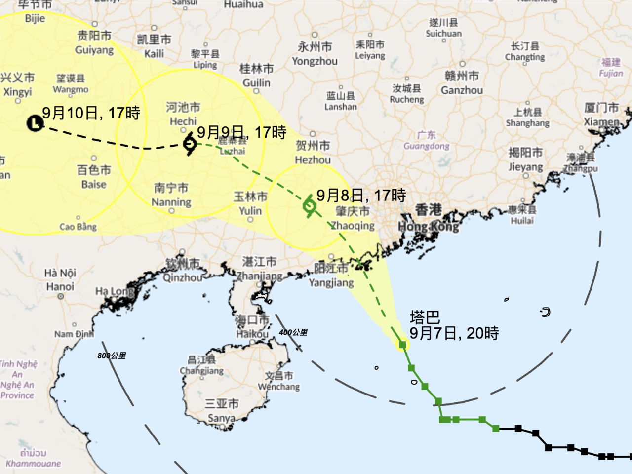 天文台說，按照現時預測，塔巴會繼續靠近廣東西部沿岸。（天文台網頁截圖）