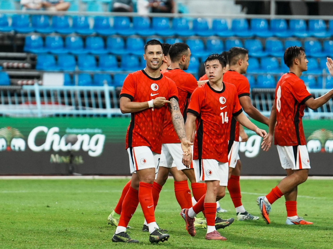 Juninho (left) and Jesse Yu (14) were both on the scoresheet for Hong Kong, China. Photo courtesy of HKFA