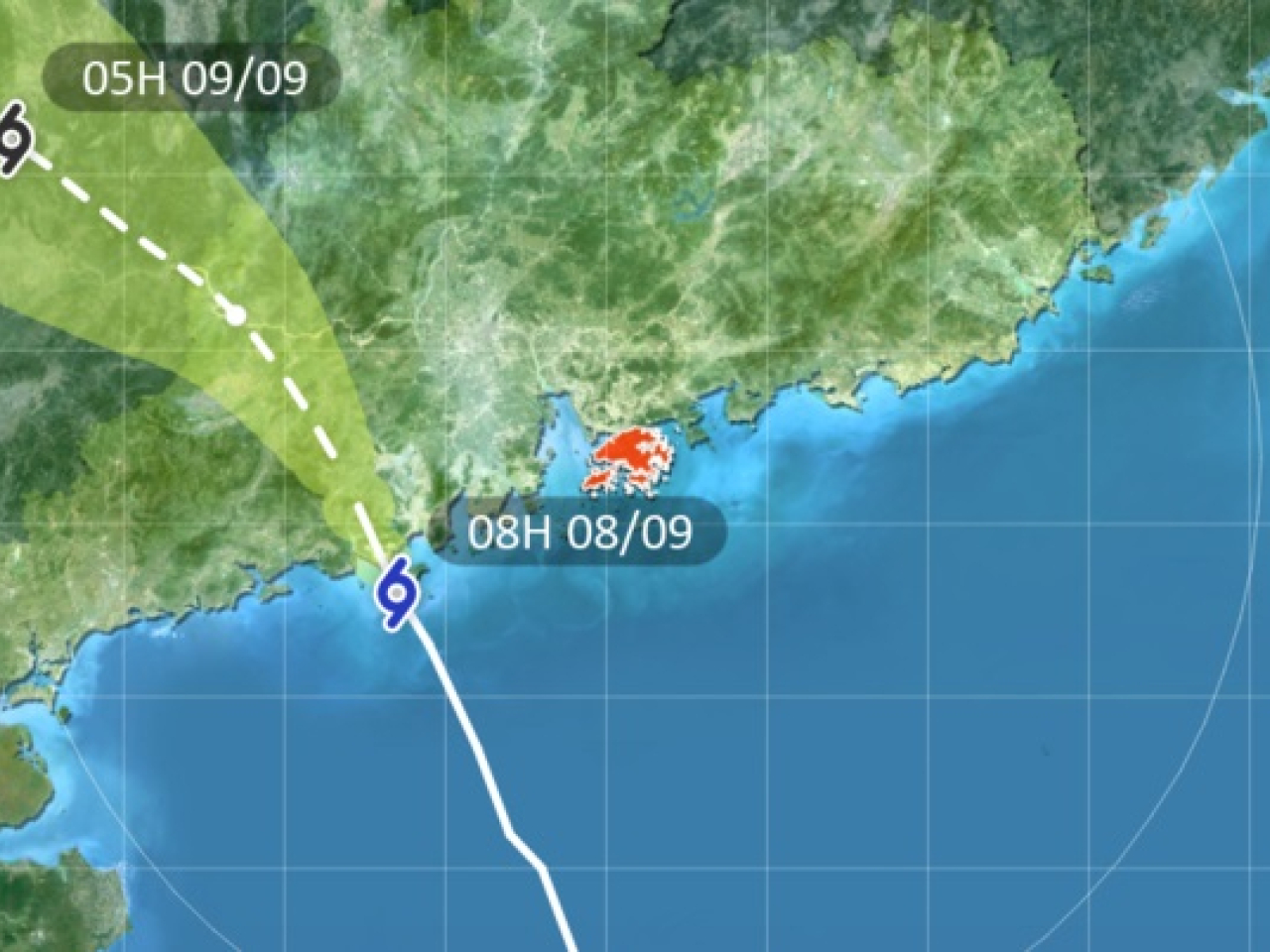 Severe Tropical Storm Tapah was centred around 170 kilometres west-southwest of Hong Kong as of 8am on Monday. Image courtesy of HKO