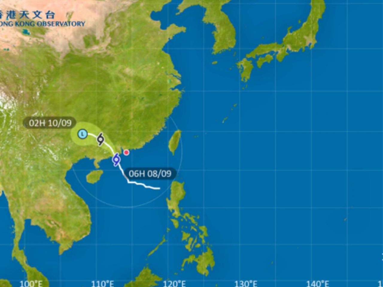 塔巴的雨帶會在今日初時，繼續為珠江口帶來狂風大驟雨。（天文台網頁圖片）