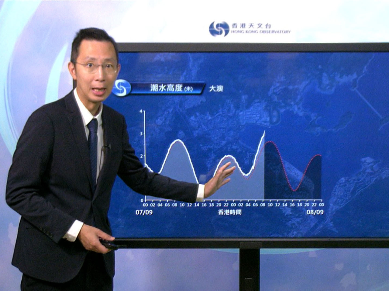 天文台說，大澳海水高度已上漲至海圖基準面以上約3米，較正常高約0.5米。