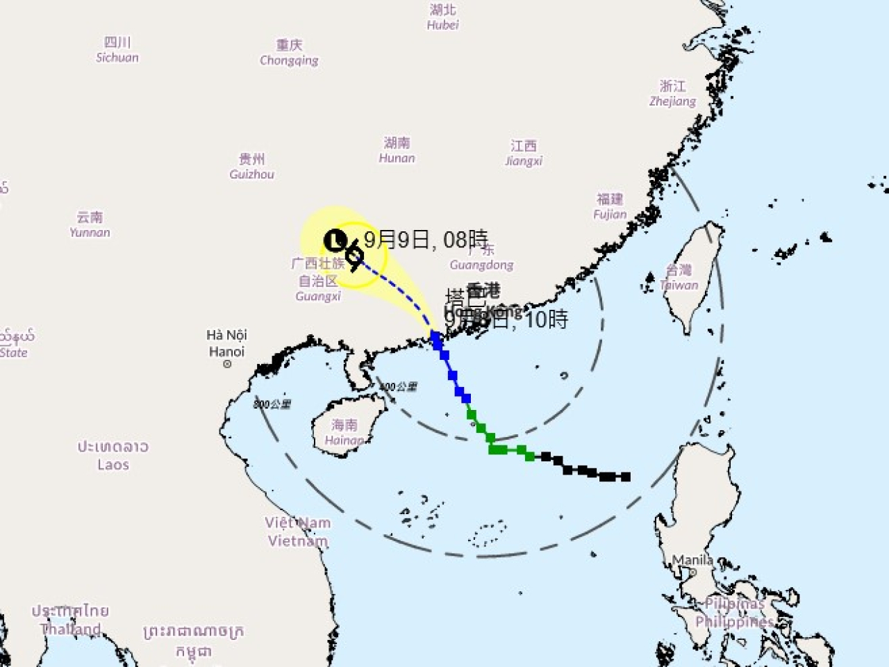 天文台說，塔巴正移入廣東內陸並將逐步遠離本港。(天文台網頁截圖)