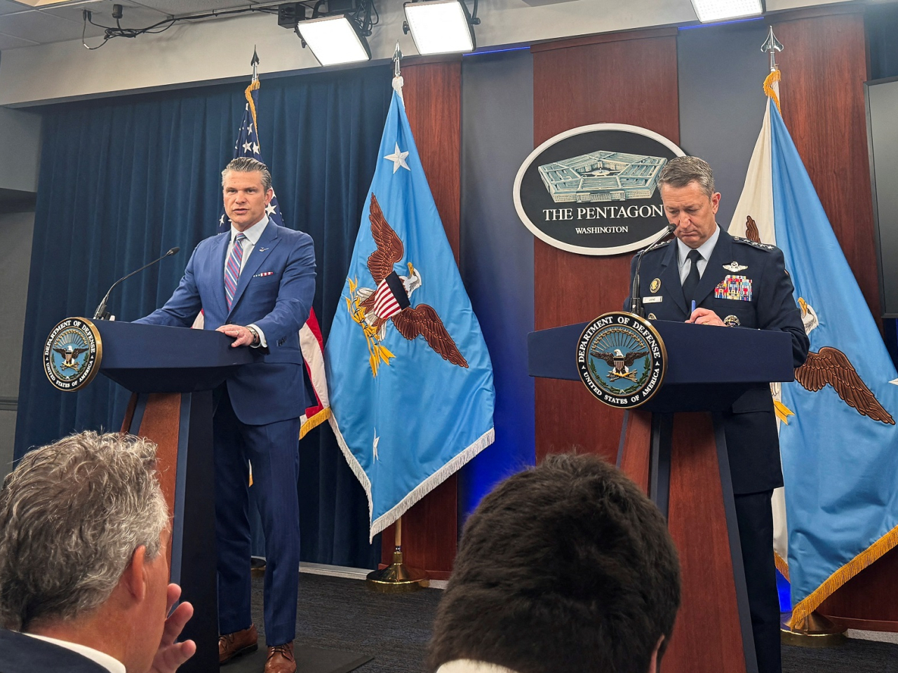 Pete Hegseth (L) said troops stationed on the USS Iwo Jima that they're not in training, but on the front lines of a counter-narcotics mission. File photo: Reuters