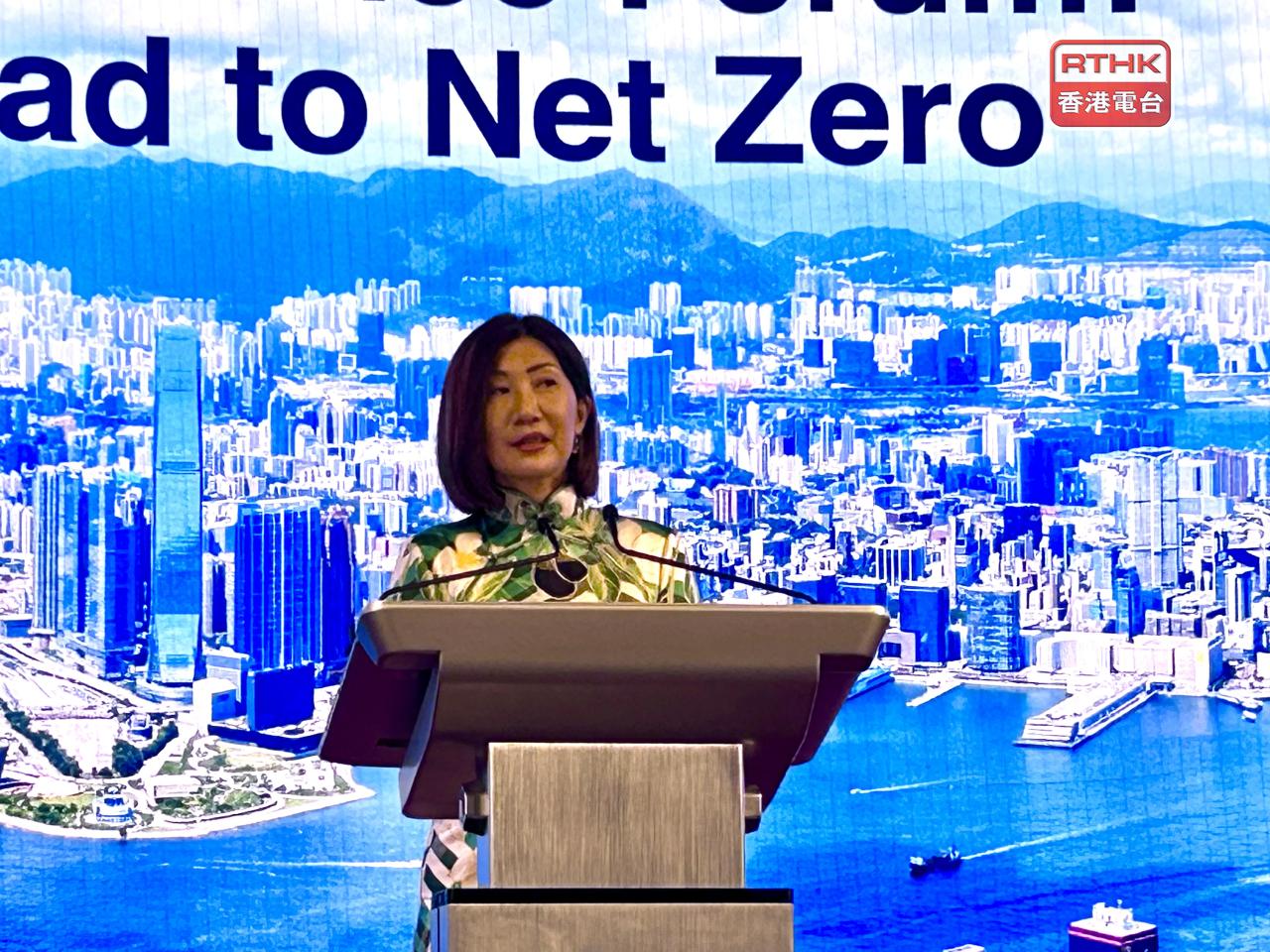 陳翊庭表示，港交所目前正建立一個可持續金融的生態系統，透過提供產品和平台，支持市場參與者轉型。（羅煒皓攝）