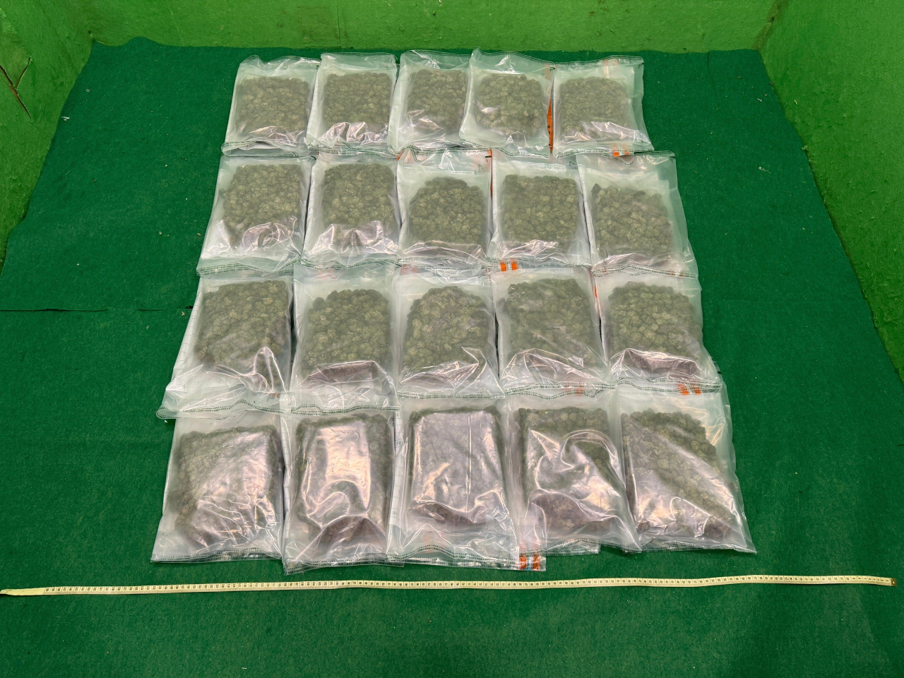 海關人員清關時，在該旅客寄艙行李箱內發現這批懷疑大麻花，將他拘捕。（政府新聞處）