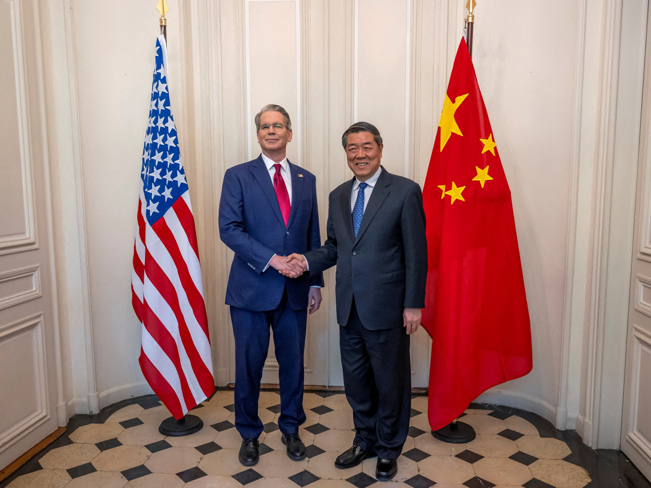 Vice Premier He Lifeng, right, meets US Treasury Secretary Scott Bessent in Geneva in May. File photo: Reuters