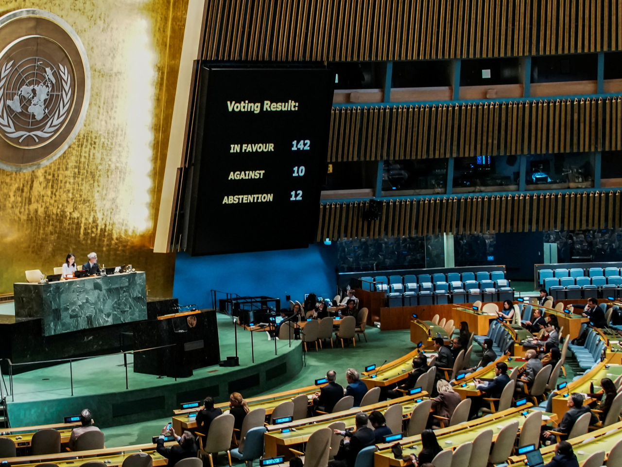 A resolution endorsing the declaration of two-state solution received 142 votes in favour and 10 against, while 12 countries abstained. Photo: Reuters