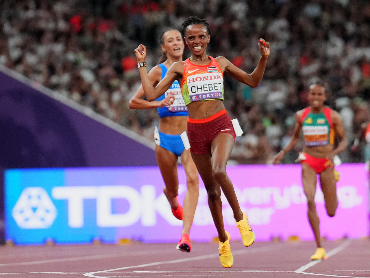 Kenya's Beatrice Chebet crosses the line to win the women's 10,000m final. Photo: Reuters