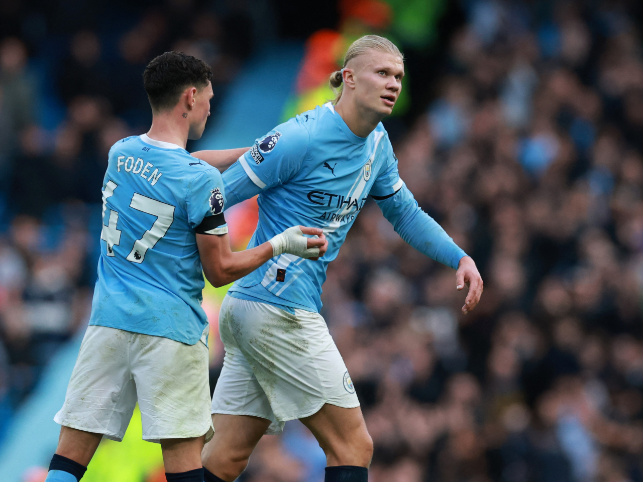 Erling Haaland scored twice in the second half to lead City over their cross-town rivals at the Etihad. Photo: Reuters