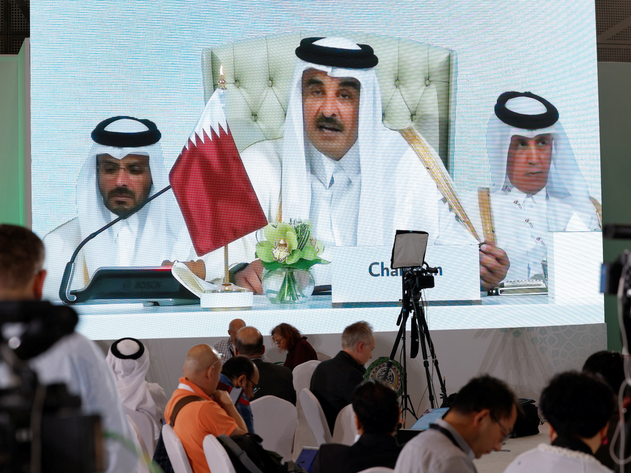 Qatar emir Sheikh Tamim bin Hamad Al Thani speaks at the opening in Doha of the emergency Arab-Islamic summit. Photo: Reuters
