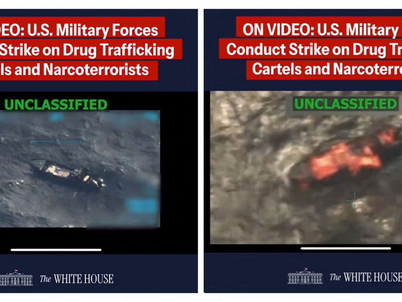 Donald Trump said "big bags of cocaine and fentanyl" spattered all over the ocean is proof that the targeted vessel was bringing drugs into the US. Image: White House via Reuters