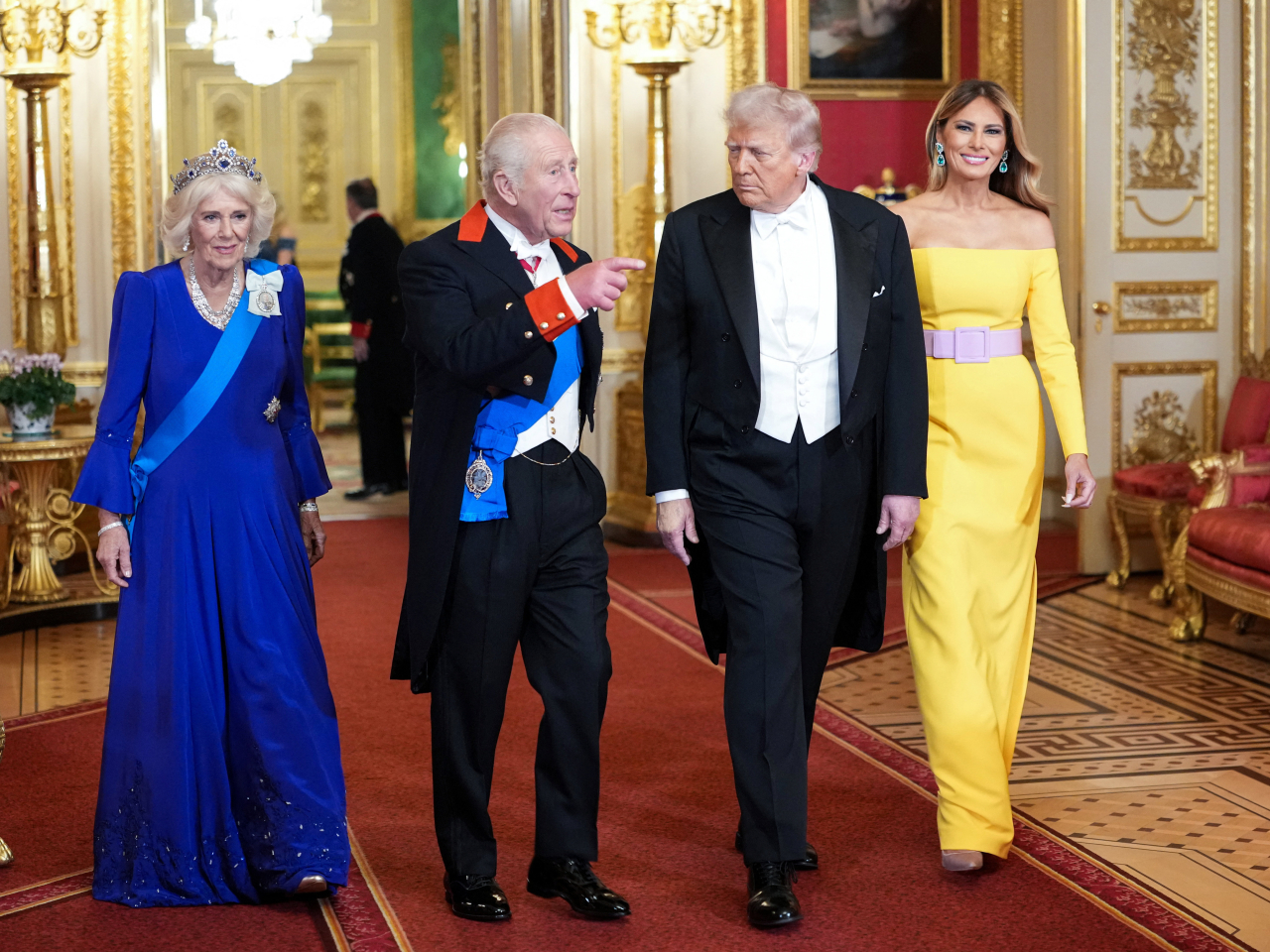 英王查理斯三世在溫莎堡為第二次國事訪問英國的美國總統特朗普，舉行國宴。（路透社）