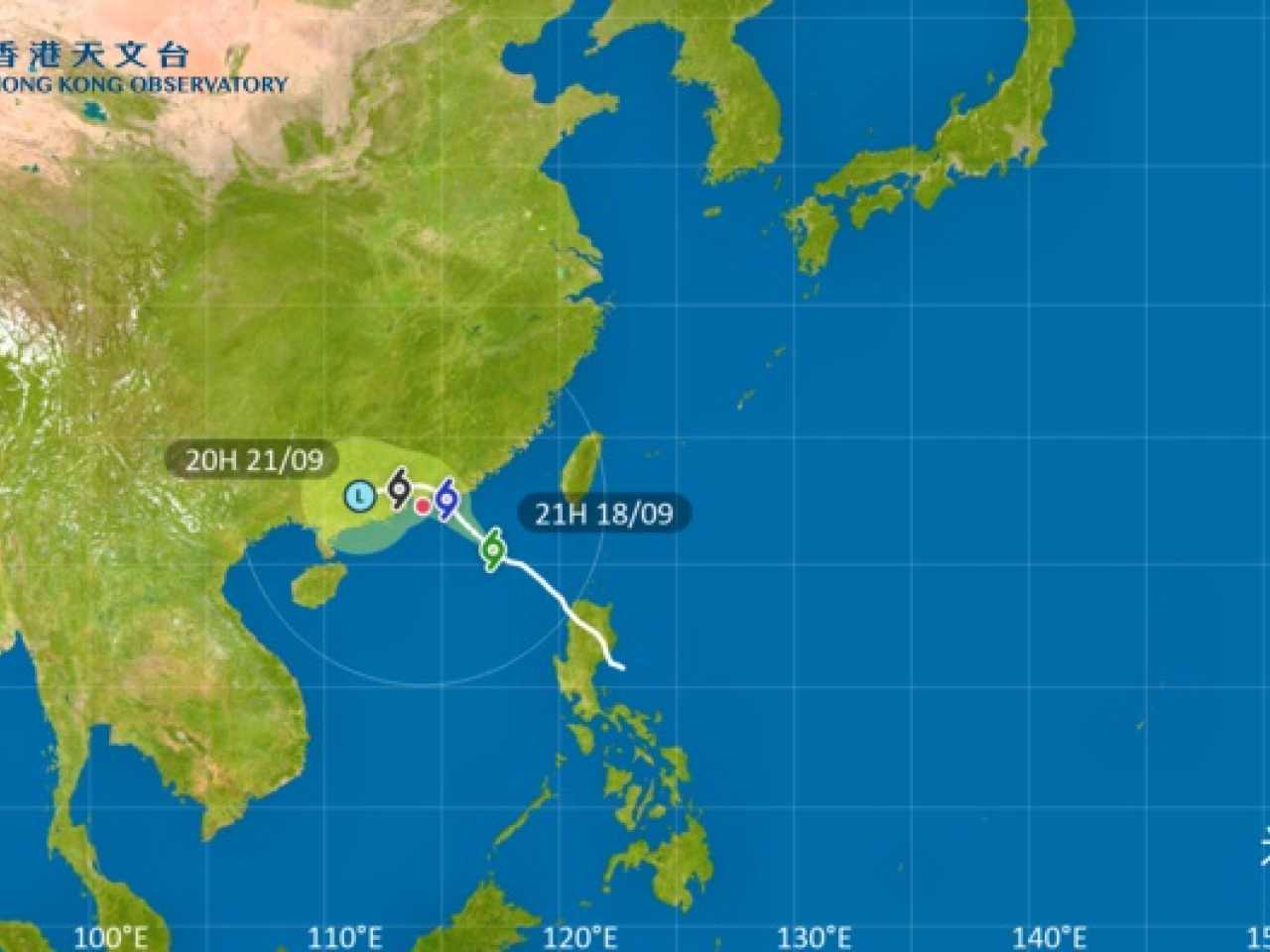 The Observatory says Mitag is expected to intensify gradually and edge closer to the coast of eastern Guangdong. Image courtesy of the Hong Kong Observatory