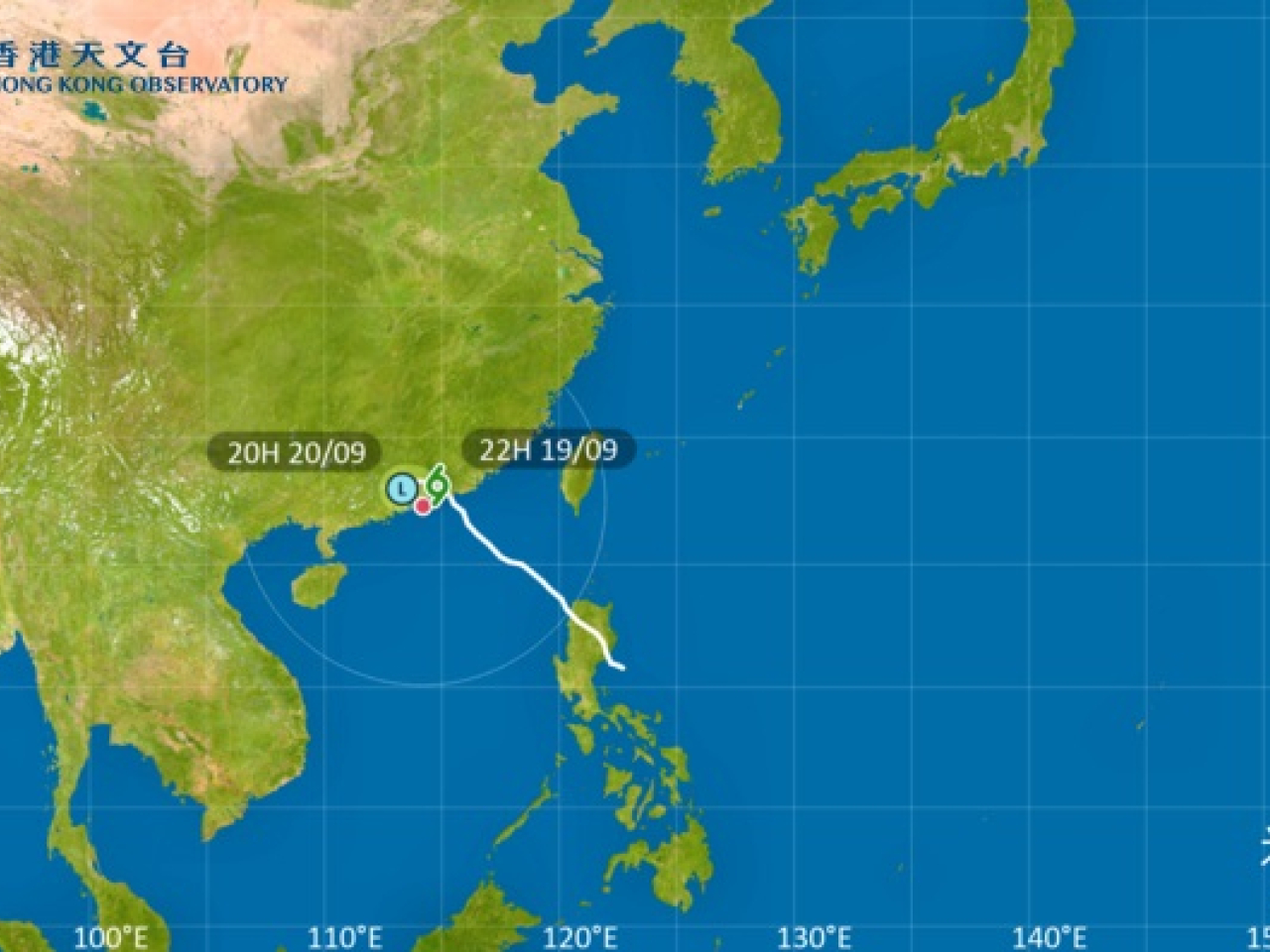 天文台表示，熱帶風暴米娜正橫過珠江口北部一帶，會在明早於本港以北100公里左右掠過，並逐漸減弱。（天文台網站）