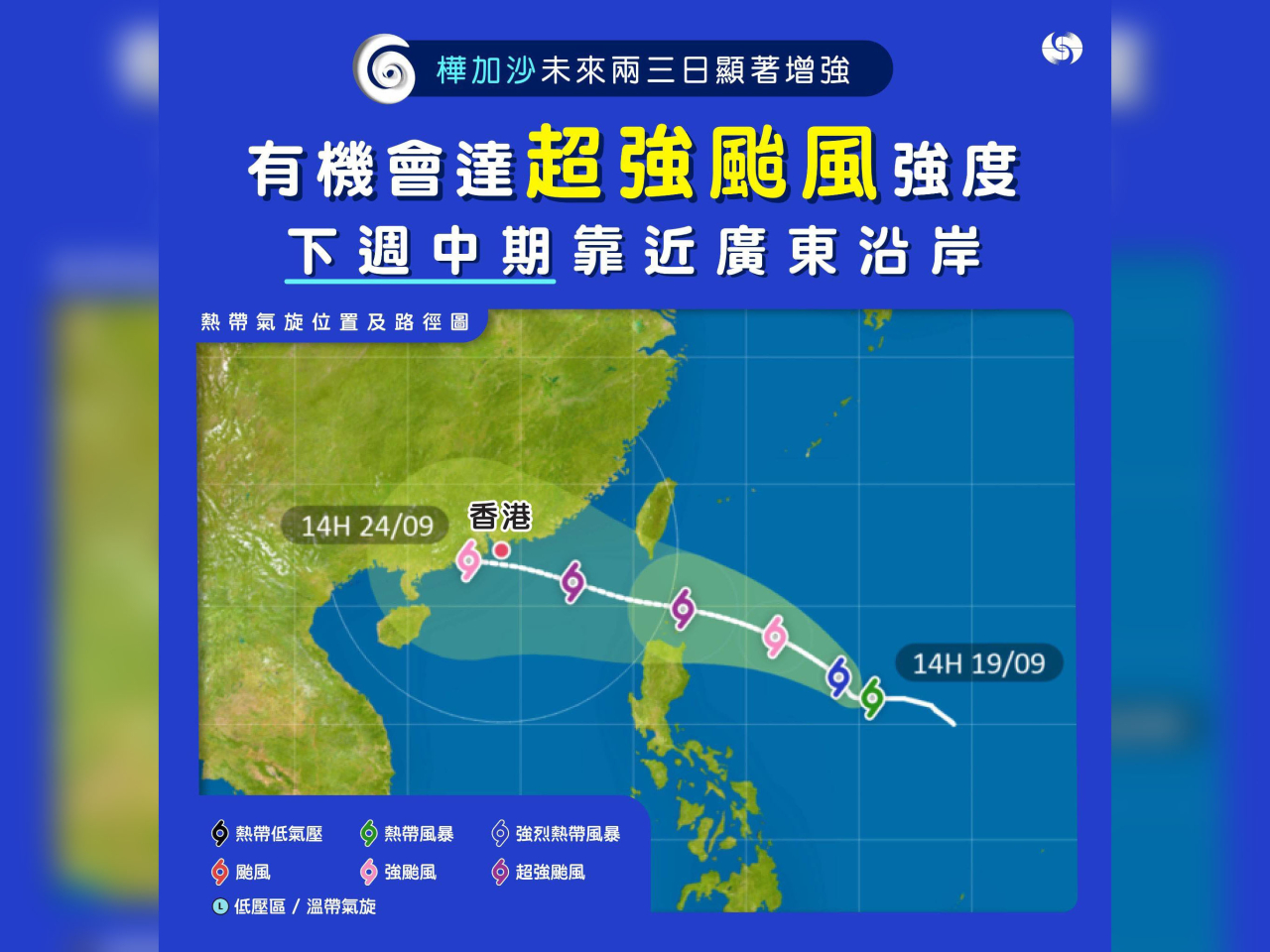 天文台表示，預料熱帶氣旋樺加沙會在未來一兩日移向呂宋海峽一帶並顯著增強。（天文台FB圖片）