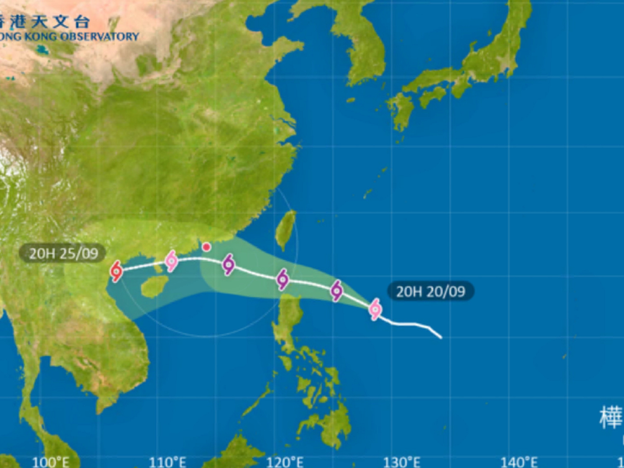 天文台指樺加沙環流相當廣闊，預料猛烈風力會對本港帶來相當大威脅。（天文台網頁圖片）