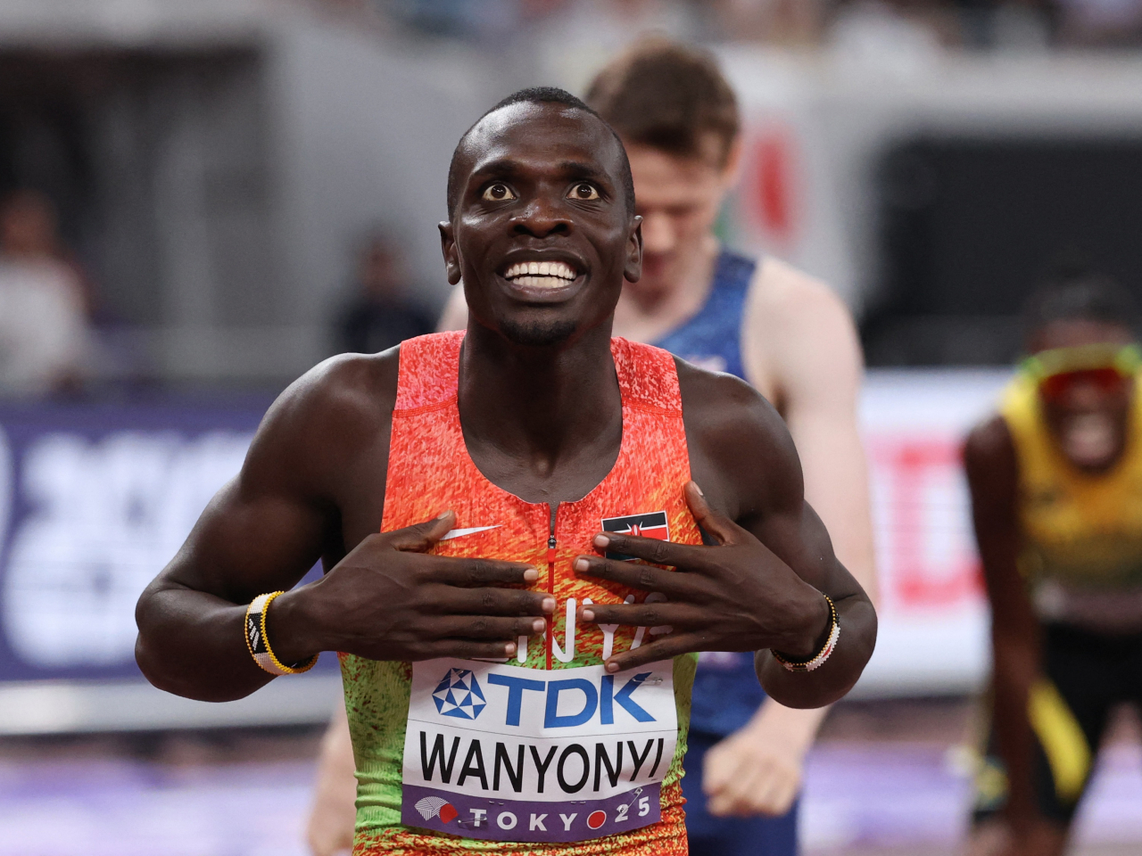 Kenya's Emmanuel Wanyonyi celebrates after winning gold in the men's 800m. Photo: Reuters