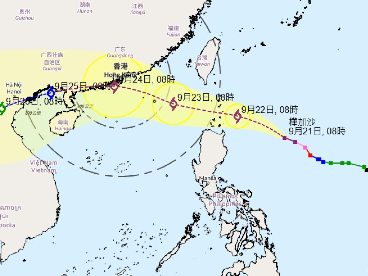 天文台預測，樺加沙會在未來一兩日繼續增強，橫過呂宋海峽一帶並進入南海北部，逐漸靠近廣東沿岸。(天文台網頁截圖)