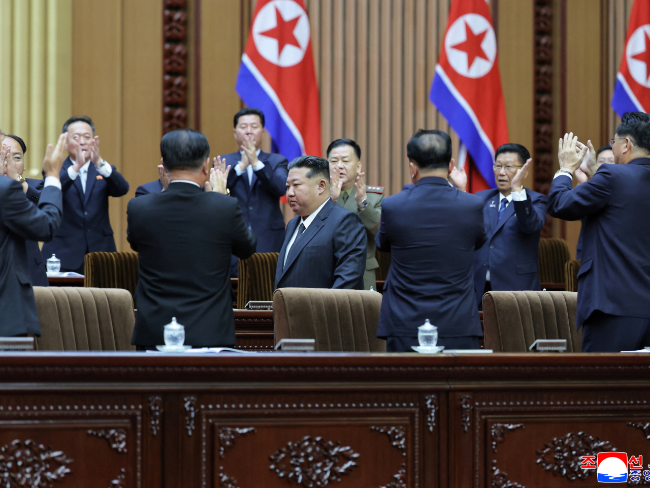 金正恩出席在日前舉行的第十四屆最高人民會議第十三次會議，並發表講話。（路透社）