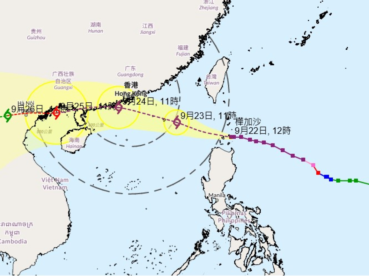 天文台稱，按照現時預測，樺加沙會在今日橫過呂宋海峽並進入南海北部。(天文台網頁截圖)