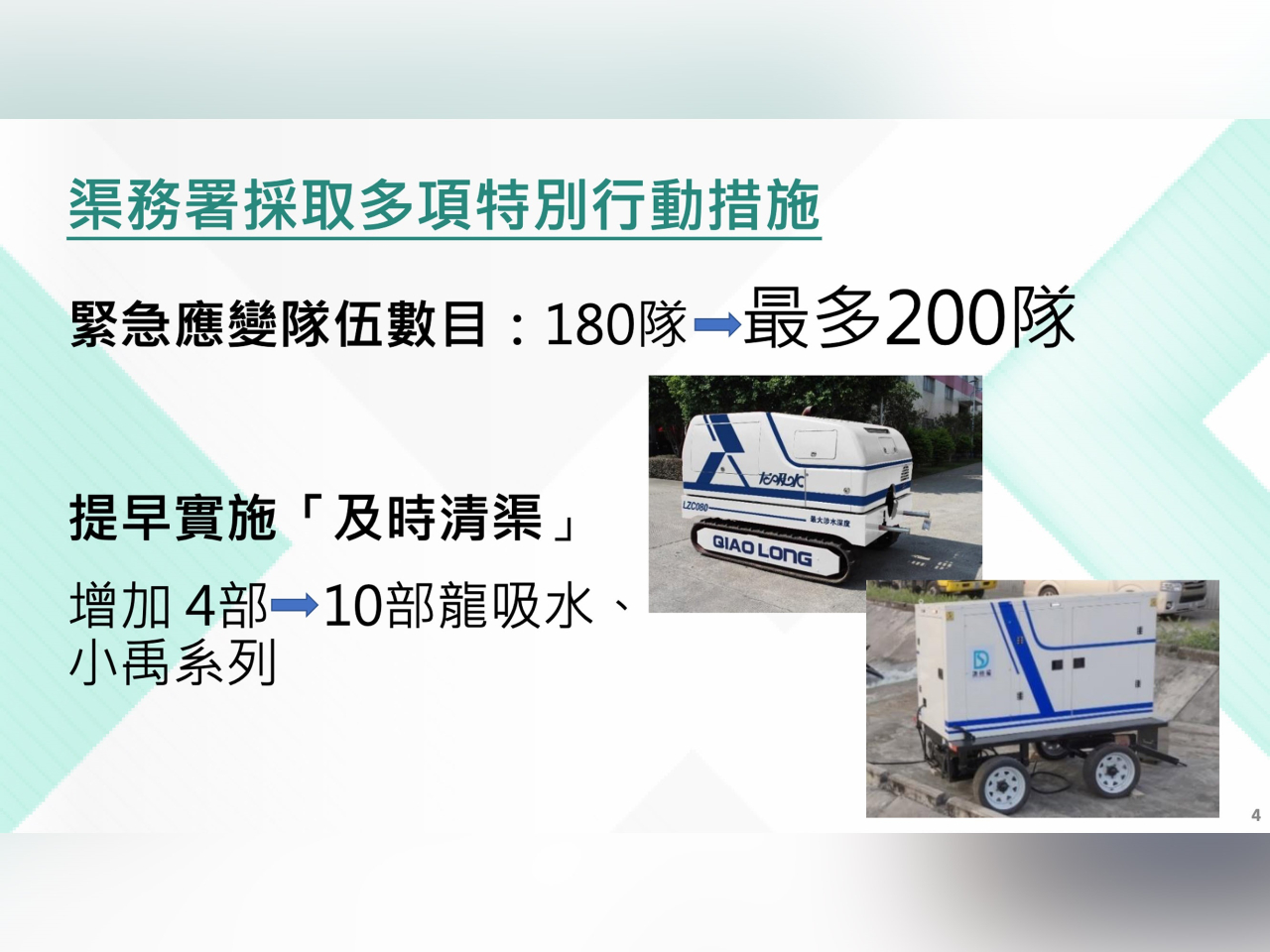 渠務署9部排水機械人包括6部「龍吸水」，早前亦已額外訂購4部「龍吸水」。（政府聯合記者會）