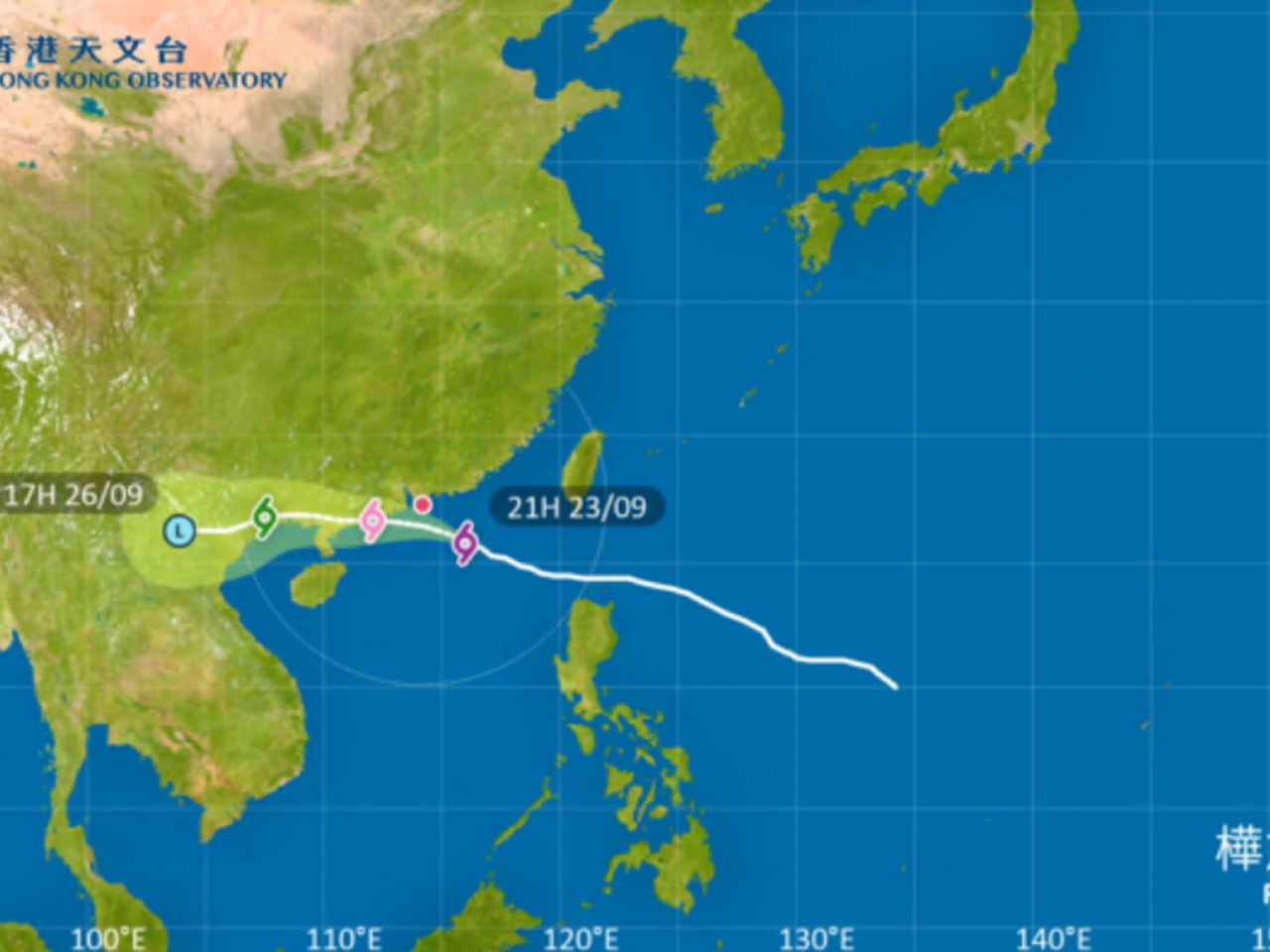 樺加沙時速約22公里，靠近珠江口至廣東西部沿岸一帶。（天文台網頁圖片）