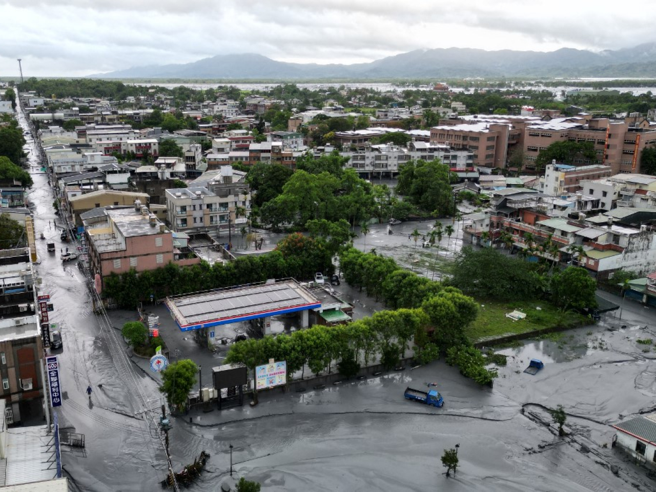 An aerial view shows mud left in the streets as floodwaters recede in Hualien on Wednesday, following the bursting of a barrier lake. Photo: AFP