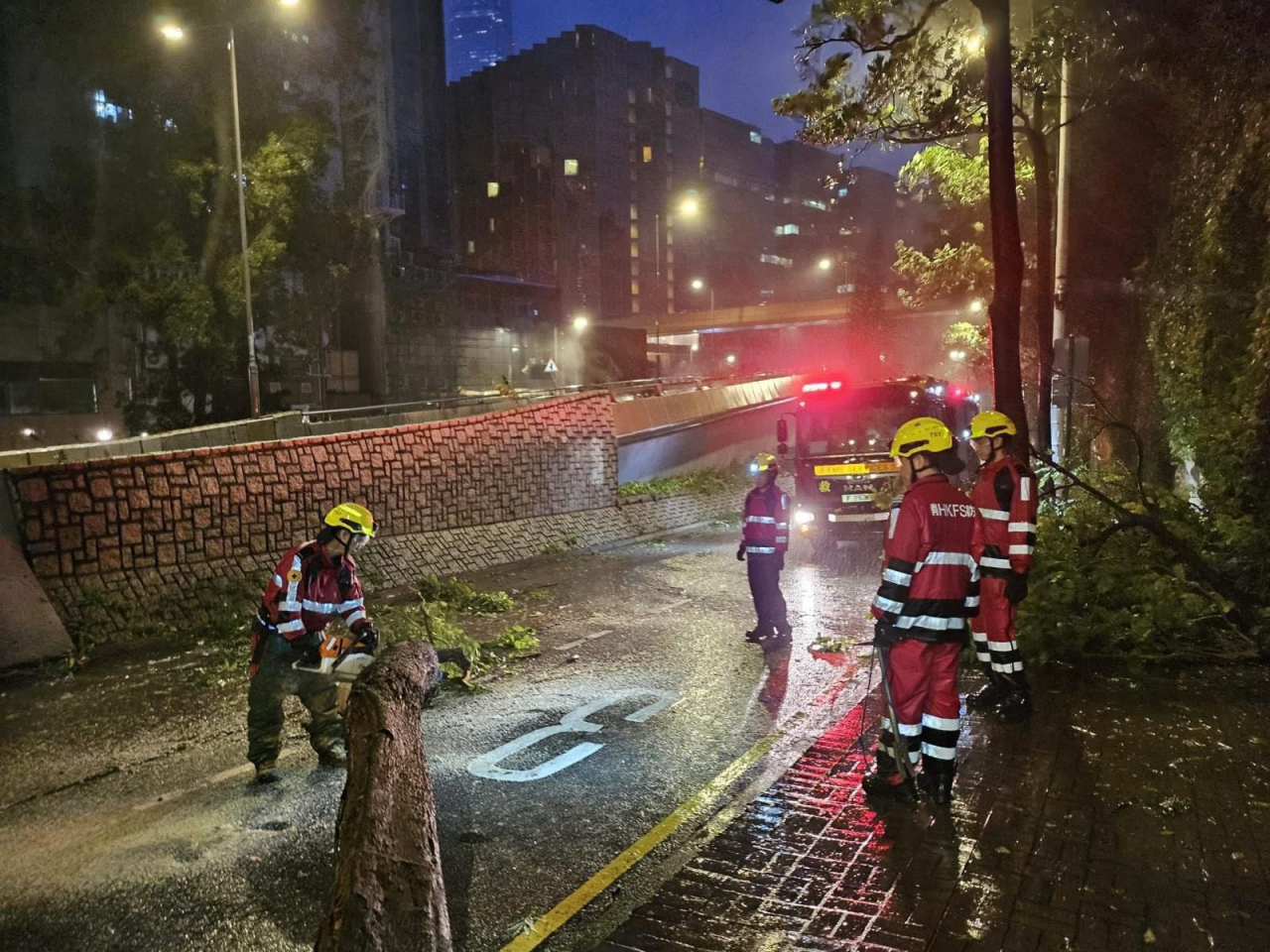 消防協助處理路面塌樹。（保安局社交網頁圖片）