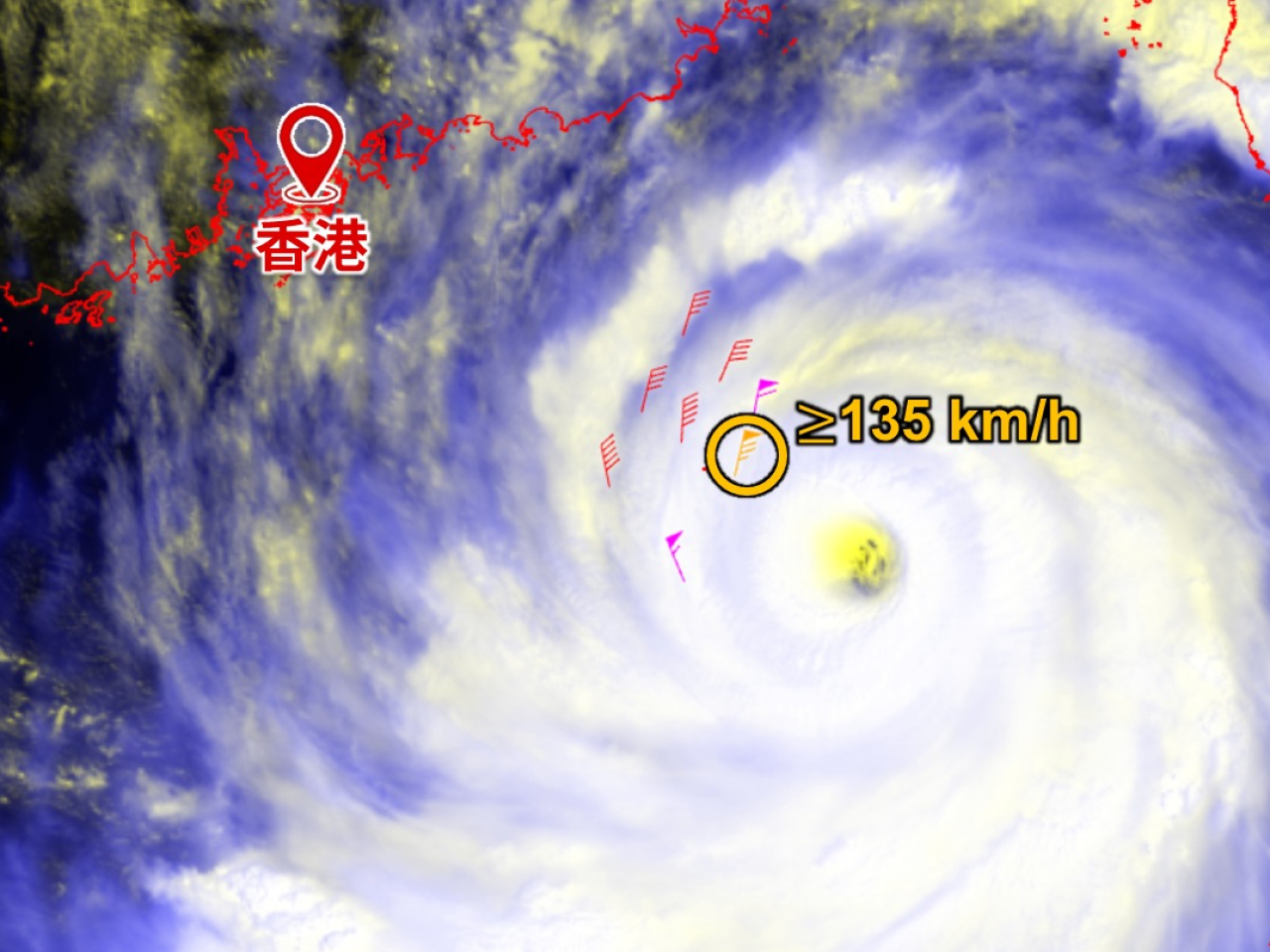 在9月23日早上，下投式探空儀在樺加沙中心約120公里處錄得近地面風速達每小時135公里。（天文台天氣隨筆圖片）