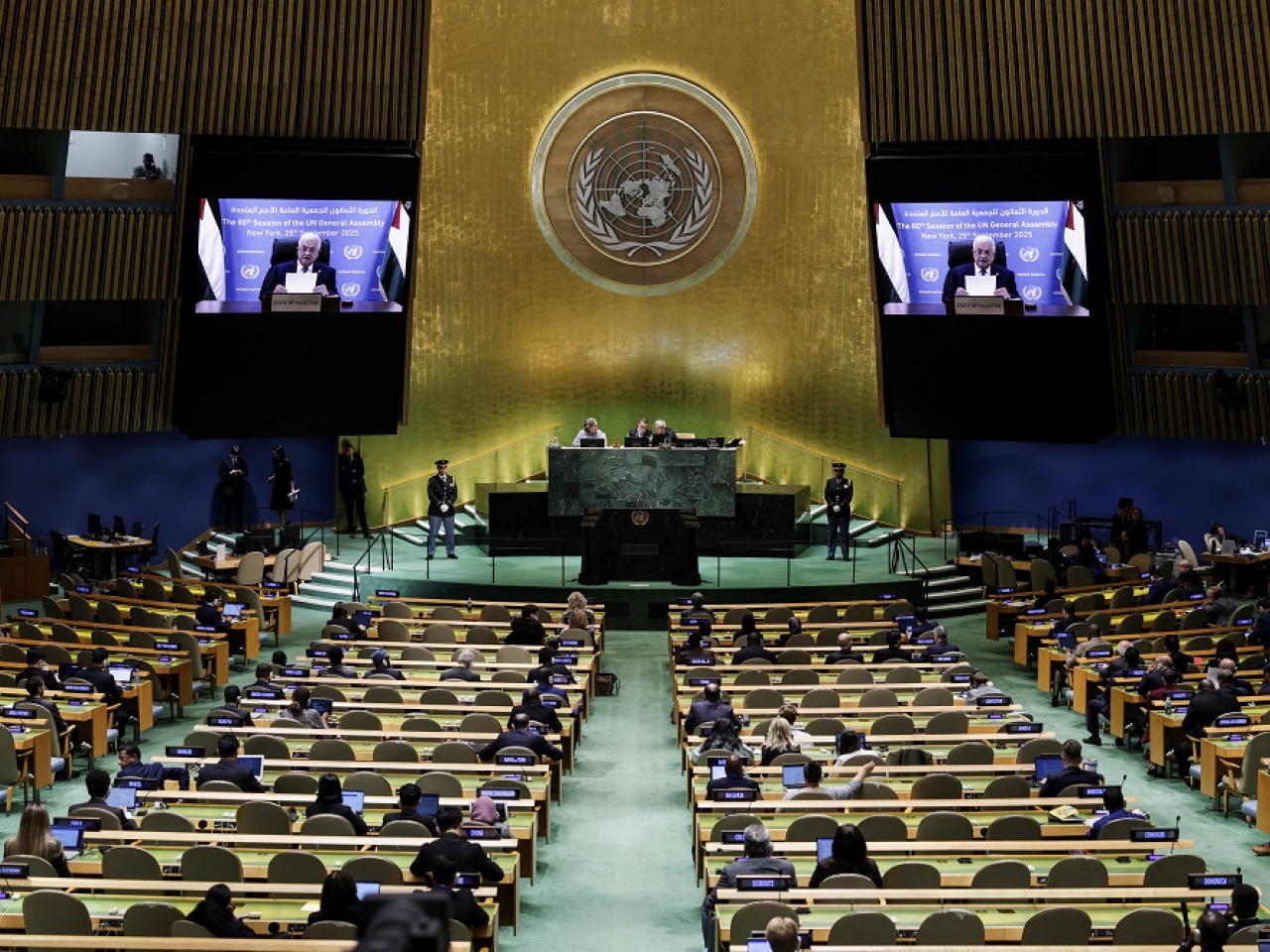 Mahmoud Abbas addresses the UN General Assembly via video link after the US denied him a visa. Photo: Reuters