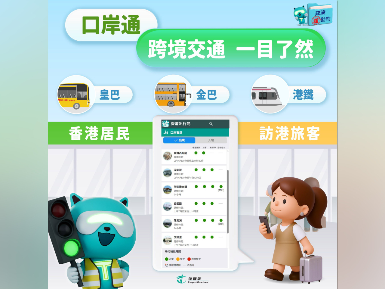 保安局一站式過關資訊平台「口岸通」或運輸署「香港出行易」app，可掌握各陸路口岸最新交通運輸情況。（運輸署社交網頁圖片）