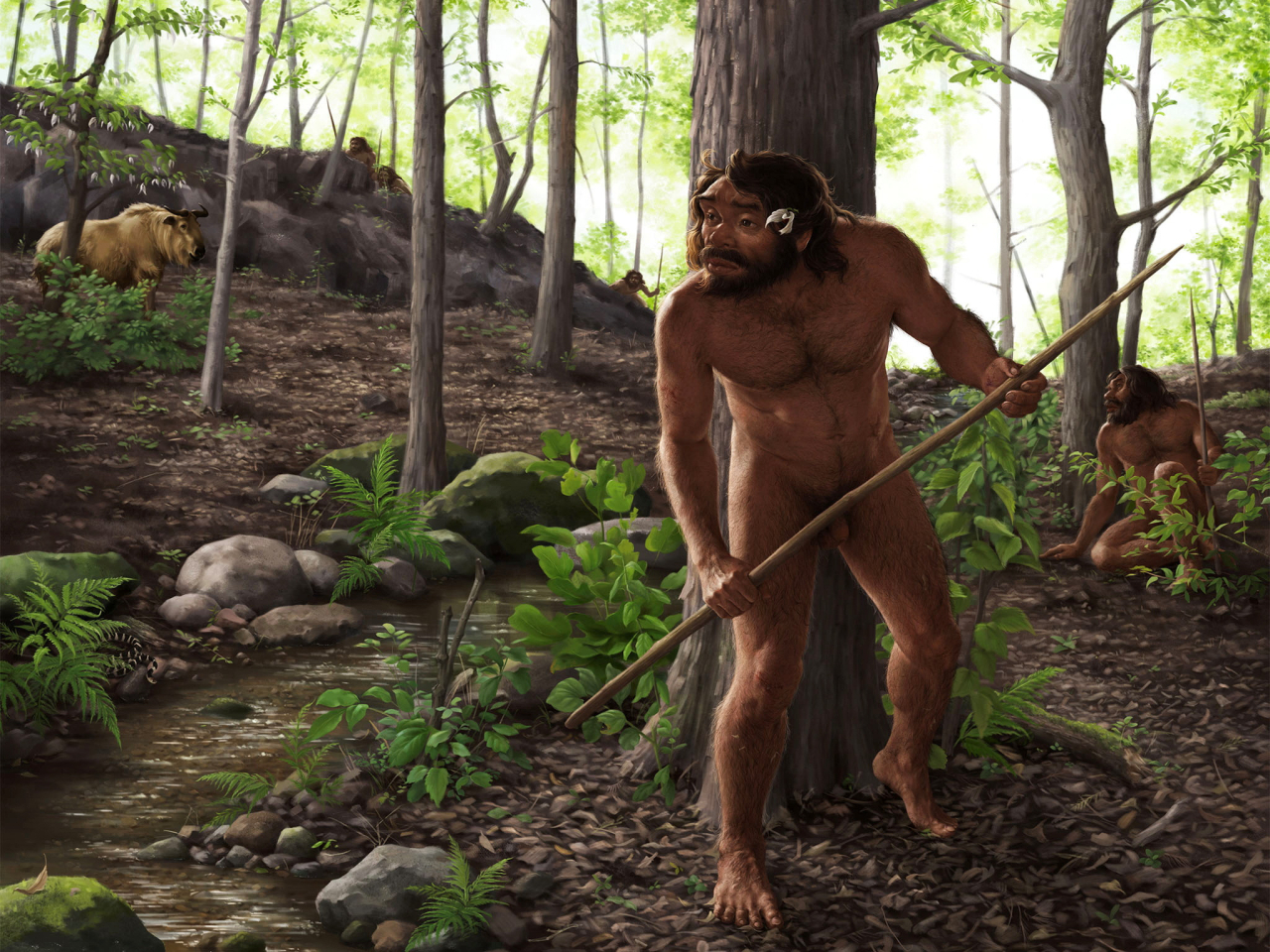 An artist's impression shows a standing man, whose head has been digitally reconstructed based on the Yunxian 2 skull, hunting in Hubei roughly one million years ago. Photo: Reuters
