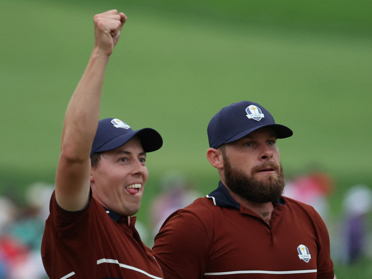 Team Europe's Tyrrell Hatton and Matt Fitzpatrick celebrate after winning the match on the 18th hole during the four-balls. Photo: Reuters