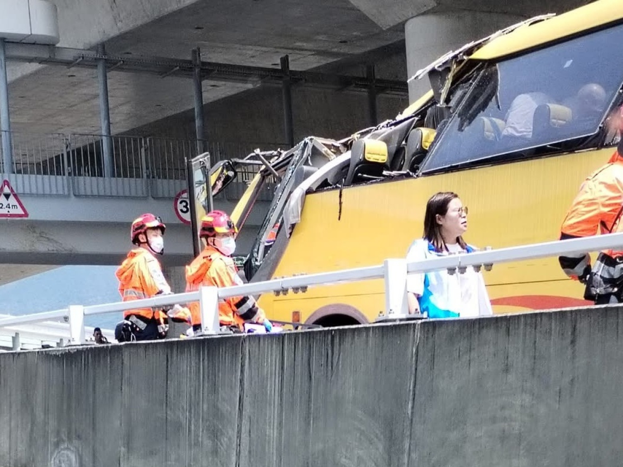 Footage on social media showed the front of the coach was badly damaged in the smash on Lin Ma Hang Road. Image courtesy of Facebook group TAI PO
