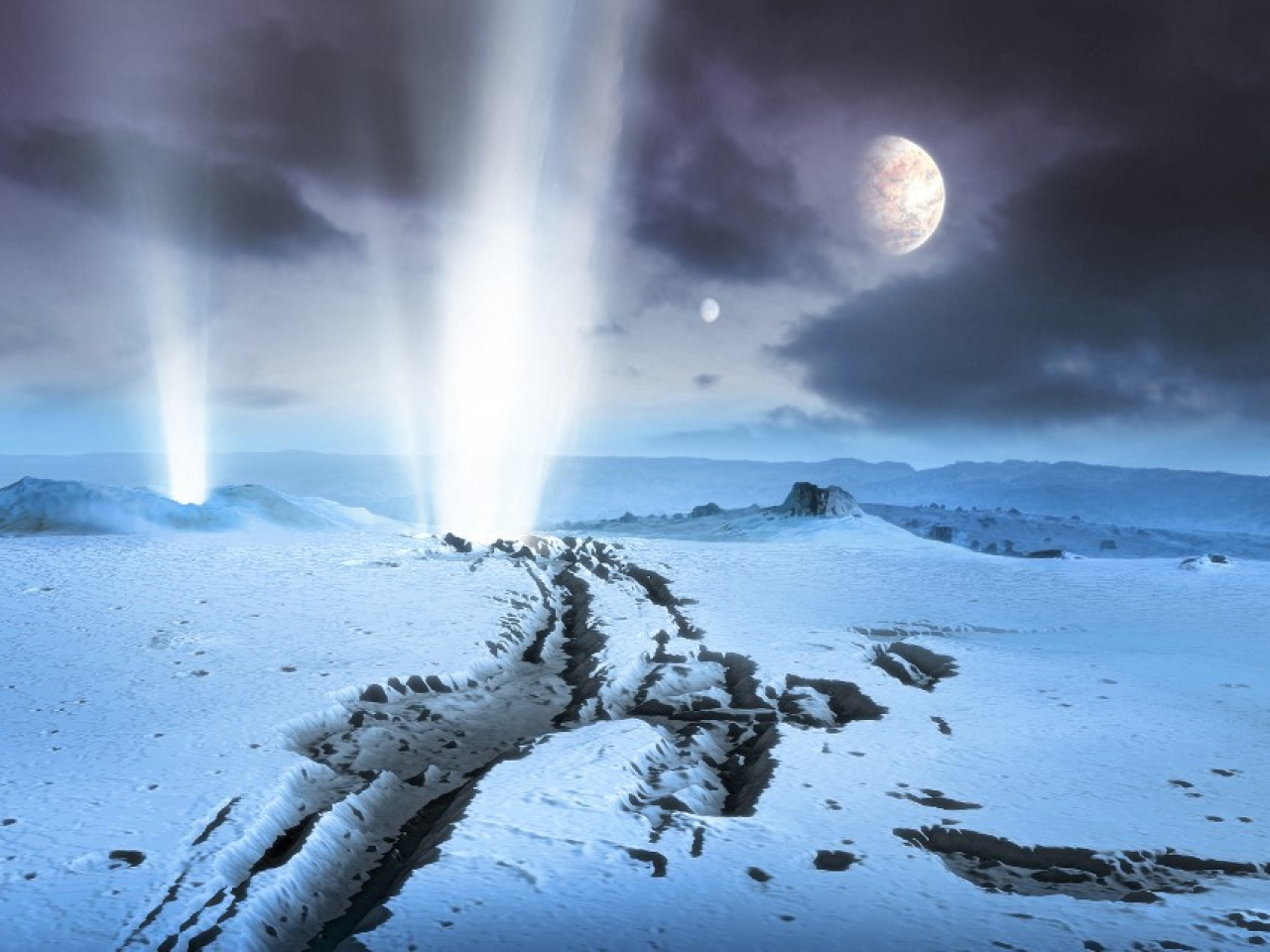 An artist's impression shows water jets bursting through cracks in the icy shell covering the ocean on Enceladus. File photo: AFP