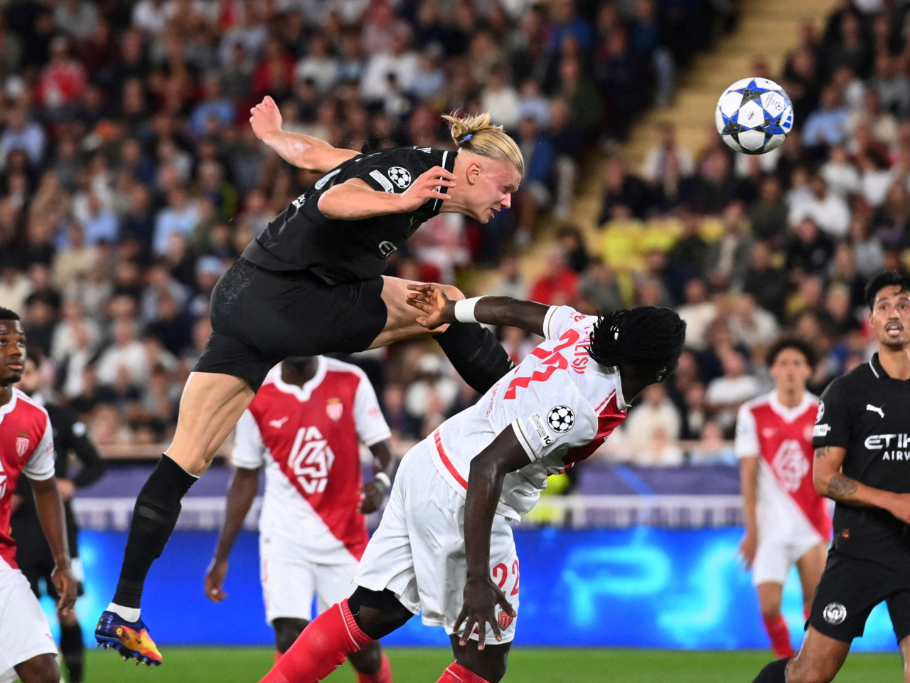 Erling Haaland scored his second goal of the match against Monaco just before the break. Photo: Reuters