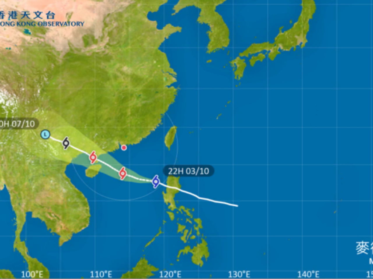 天文台表示隨著麥德姆逐步增強並靠近雷州半島至海南島東部一帶，會考慮在明日下午初時，改發三號強風信號。（天文台網頁圖片）